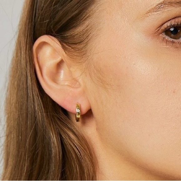 Adina Eden 14k Gold Plated Huggie Hoop Earrings with Single Bezel Set CZ Stone - Picture 6 of 7